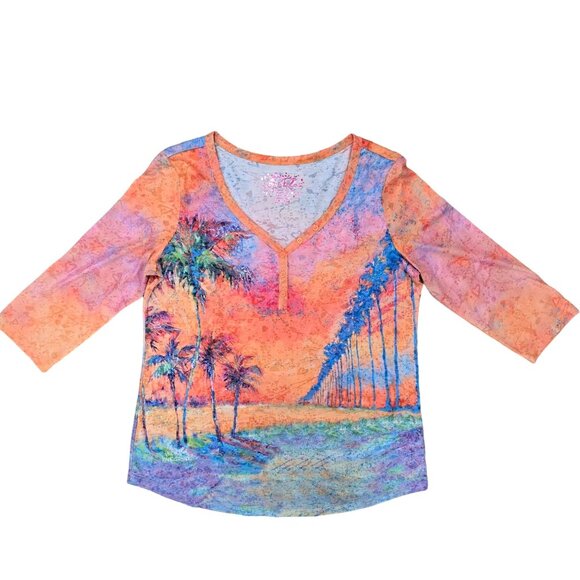 Leoma Lovegrove Medium V-Neck 3/4 Sleeve Palm Tree Sunset Print semi sheer shirt - Picture 1 of 4